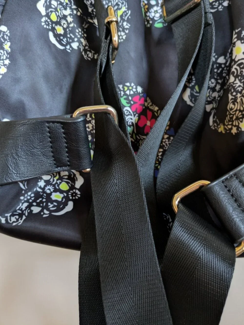 MMS Design Studio Sugar Skull Backpack Black Floral Satin Edgy Gothic #261